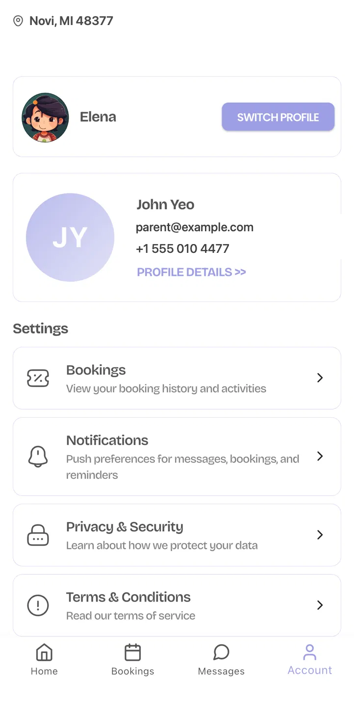 The Junior Junction parent app Account tab showing a list of children and settings.