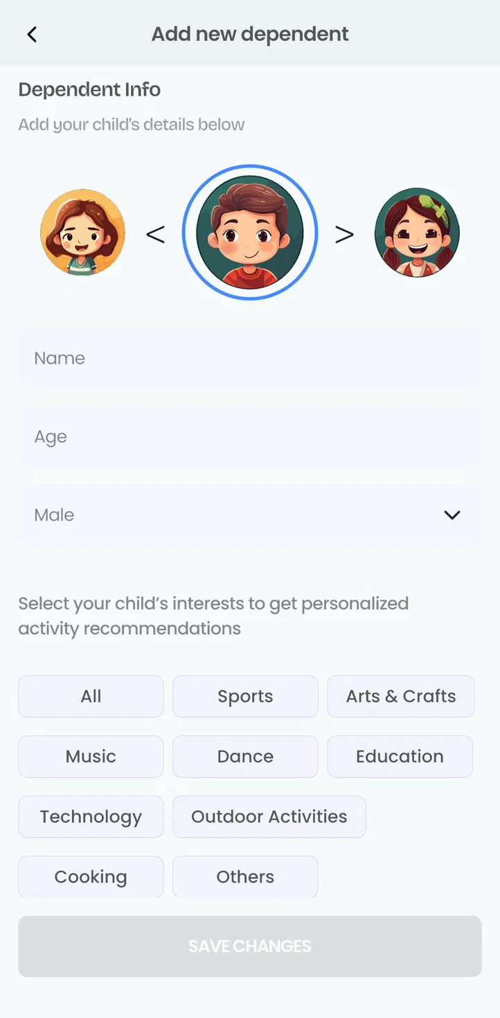 Add new dependent screen: choose an avatar, enter name, age and gender, then tap interest chips.