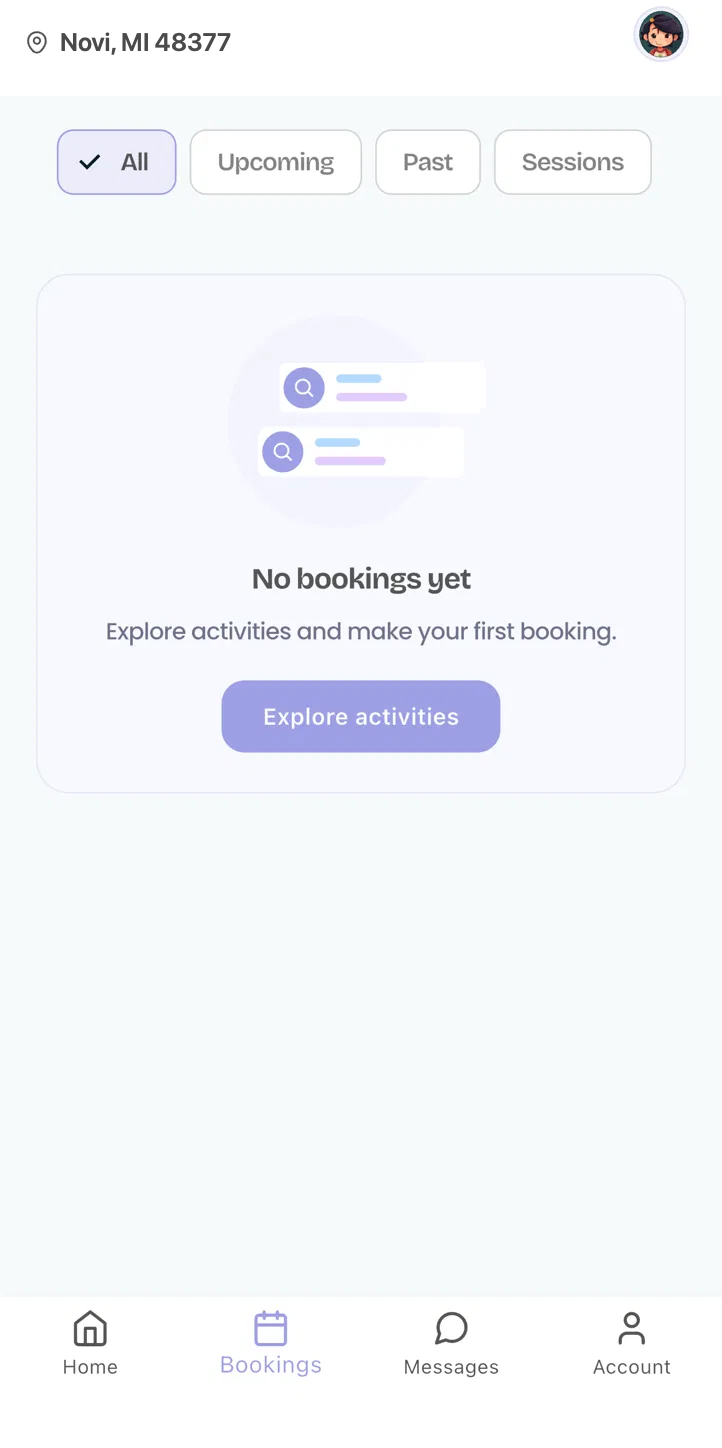 The Junior Junction parent app Bookings tab showing a weekly schedule across multiple children.