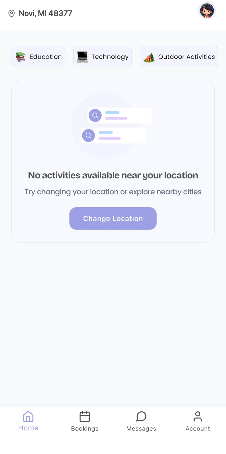 The Junior Junction parent app Home tab: the family's saved address, category chips for Education, Technology and Outdoor Activities, and the four-tab bar.