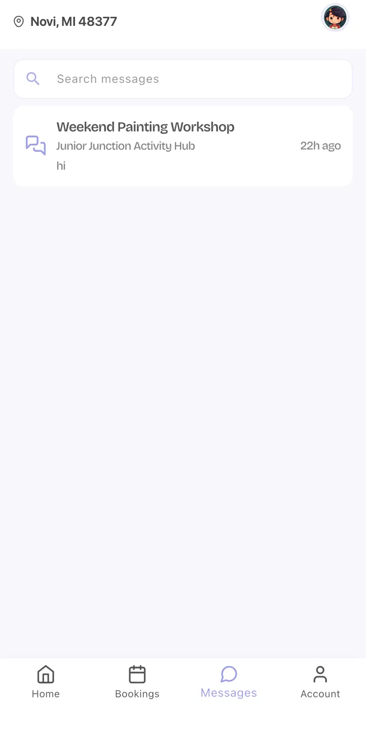 The Junior Junction parent app Messages tab showing separate conversation threads with businesses.