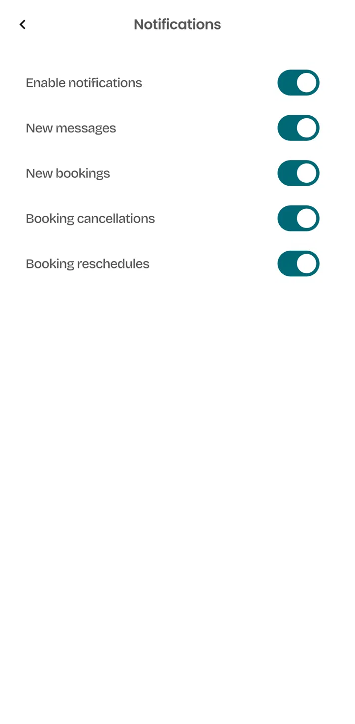 Notifications screen with separate switches for new messages, new bookings, booking cancellations and booking reschedules.
